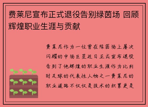 费莱尼宣布正式退役告别绿茵场 回顾辉煌职业生涯与贡献 费莱尼宣布正式退役告别绿茵场 回顾辉煌职业生涯与贡献